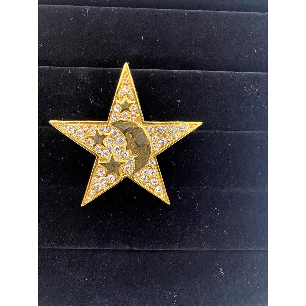 Gold tone Star Brooch Moon and Stars Crystals
